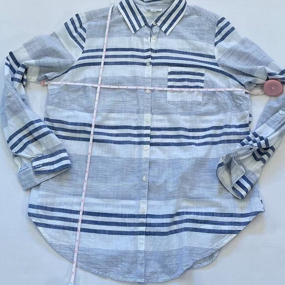 Blue, White Striped Cotton Button Down Lightweight Shirt Roll Tab Sleeves, 1X - Picture 11 of 13